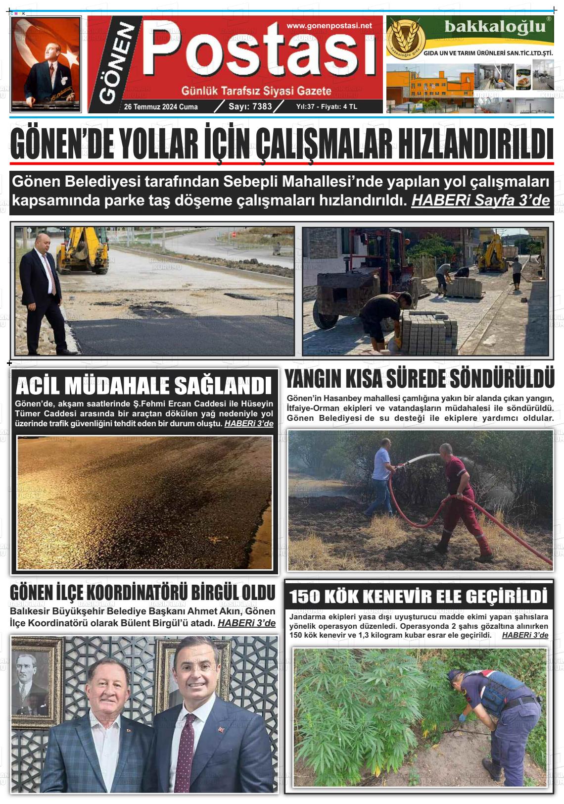 27 Temmuz 2024 Gönen Postası Gazete Manşeti