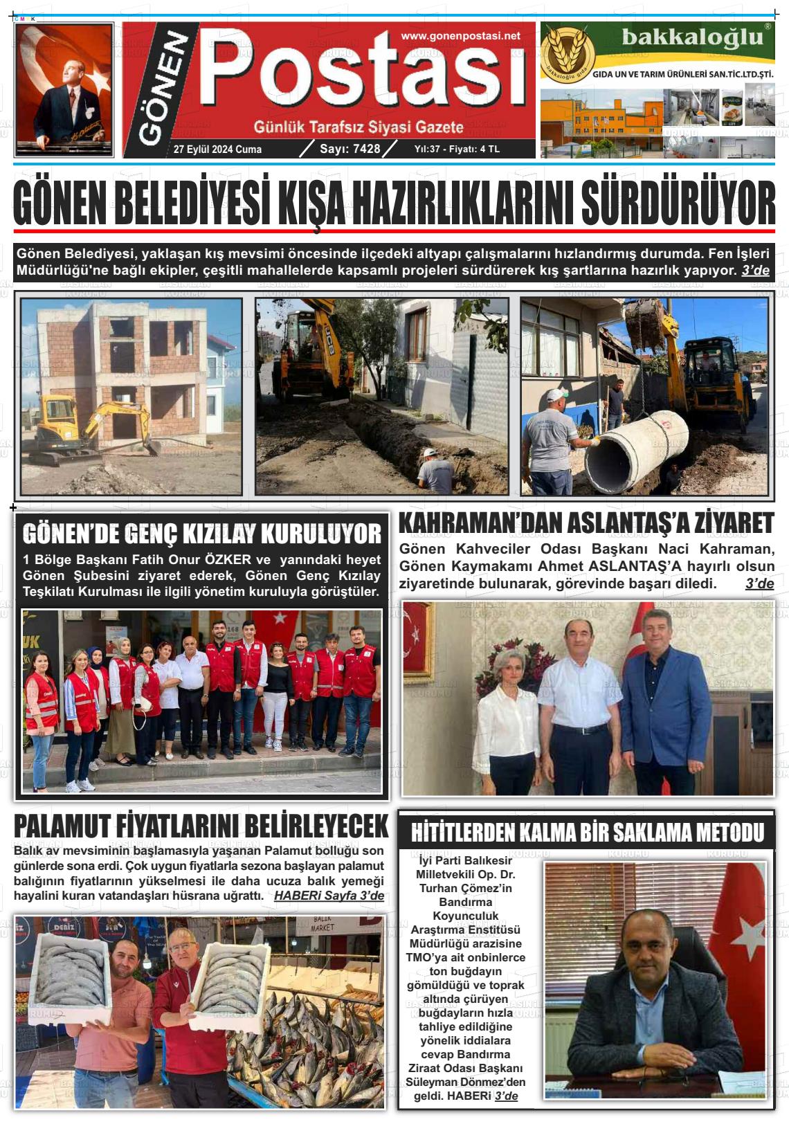 27 Eylül 2024 Gönen Postası Gazete Manşeti