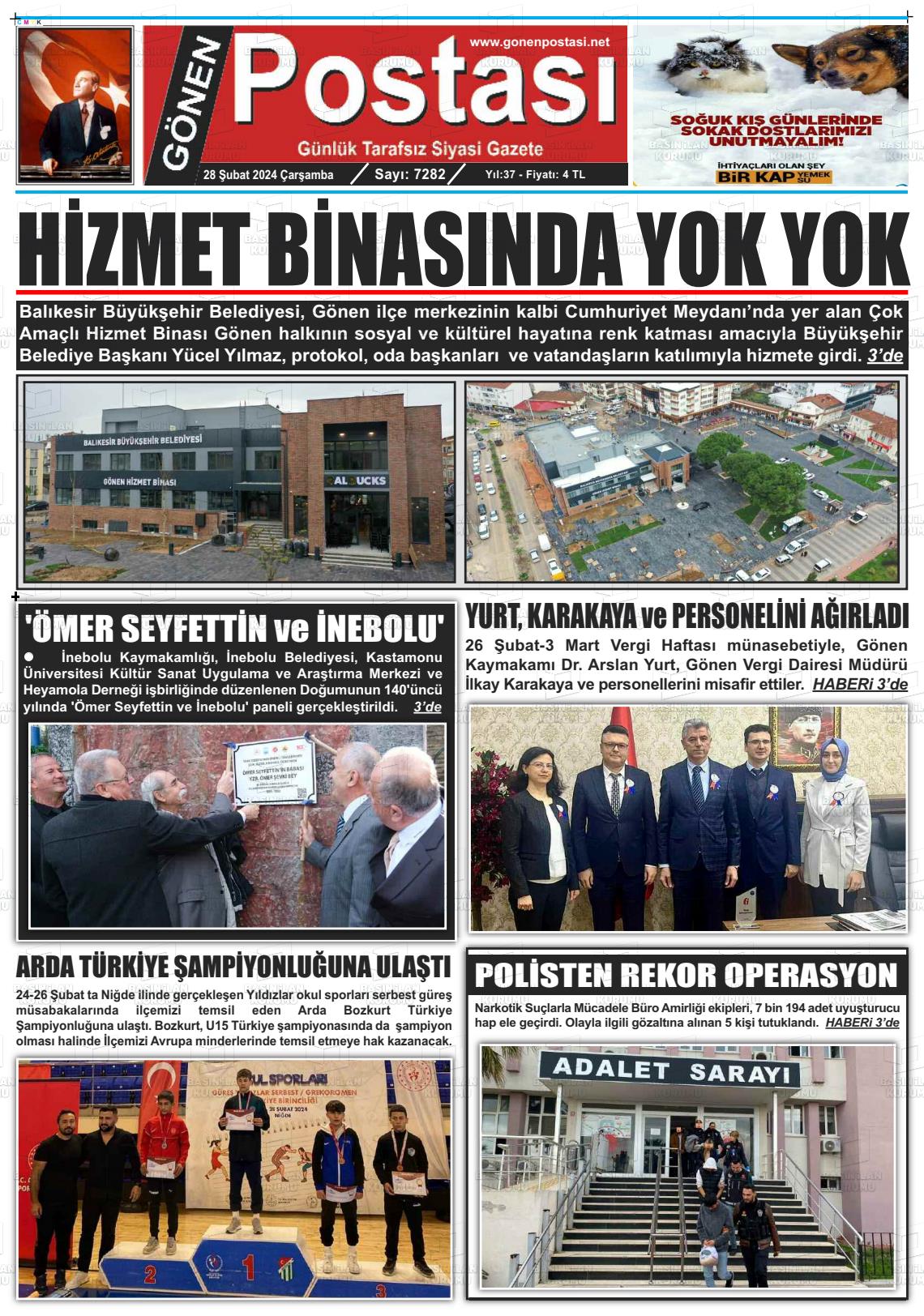 28 Şubat 2024 Gönen Postası Gazete Manşeti