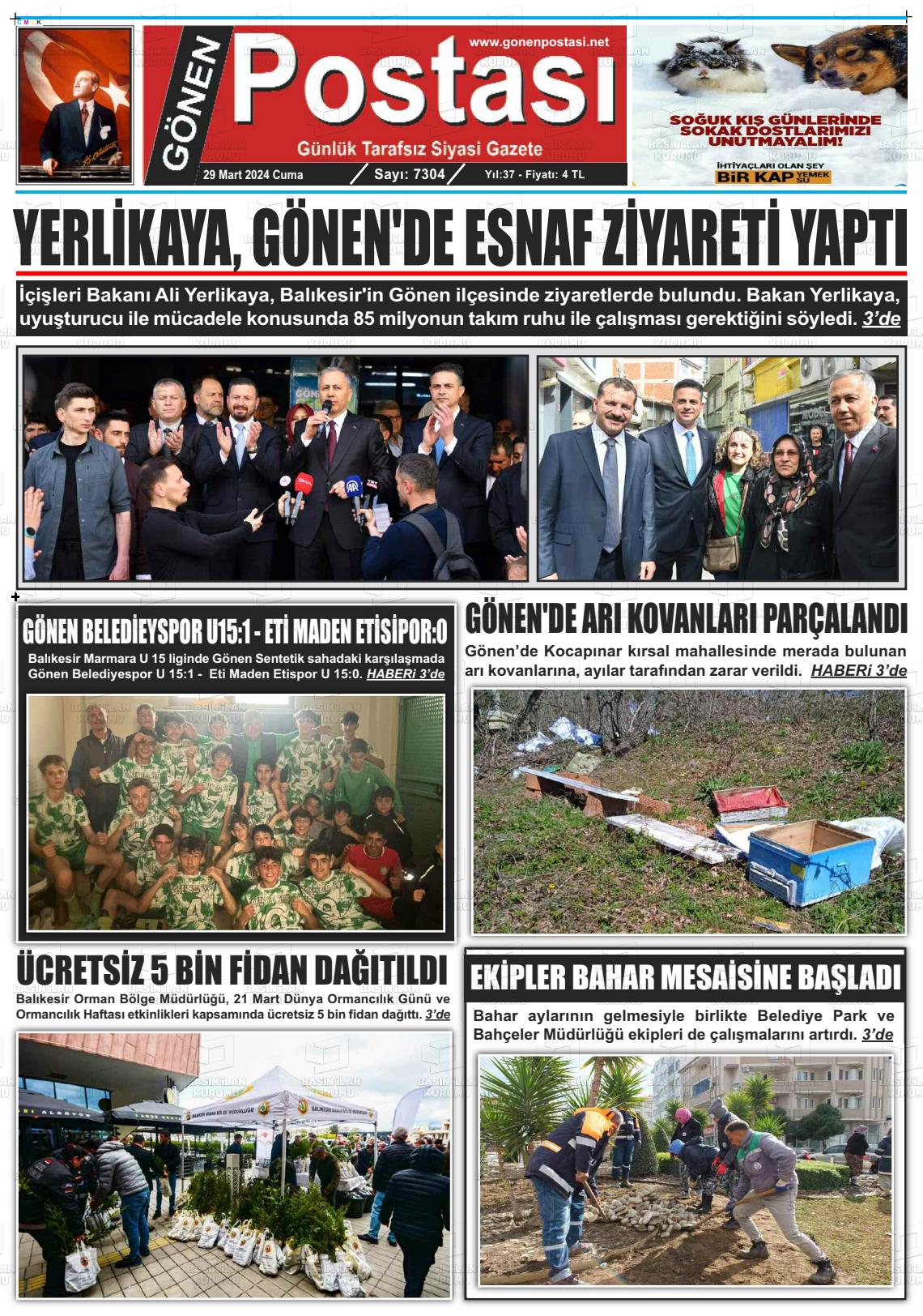 29 Mart 2024 Gönen Postası Gazete Manşeti