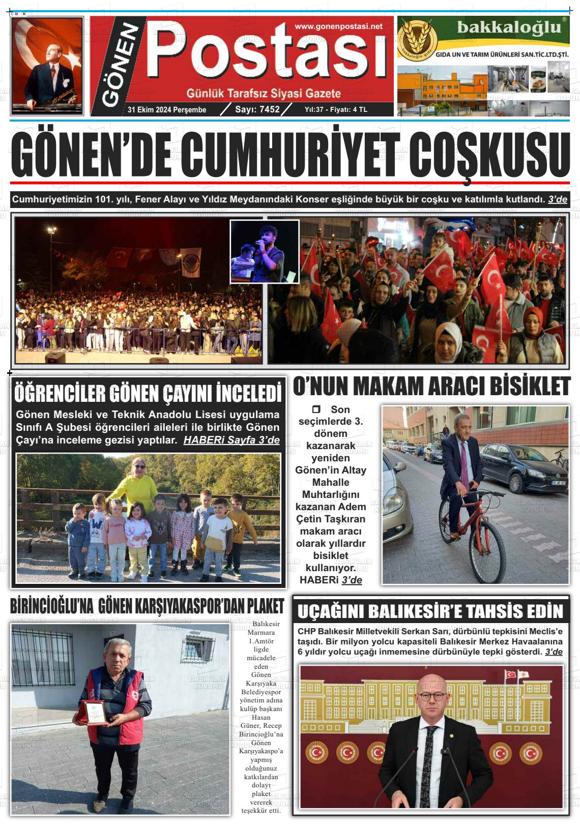 31 Ekim 2024 Gönen Postası Gazete Manşeti