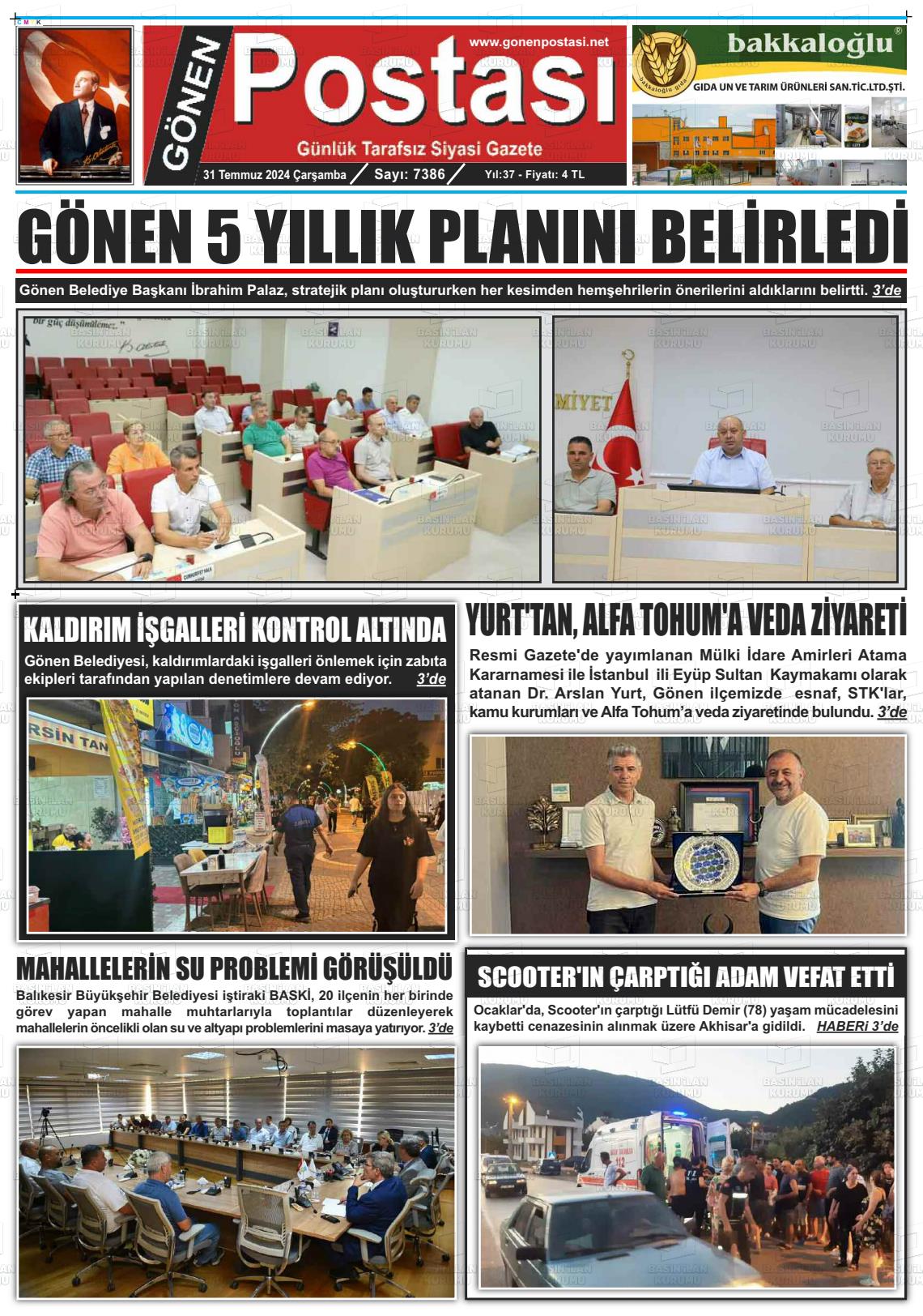 31 Temmuz 2024 Gönen Postası Gazete Manşeti