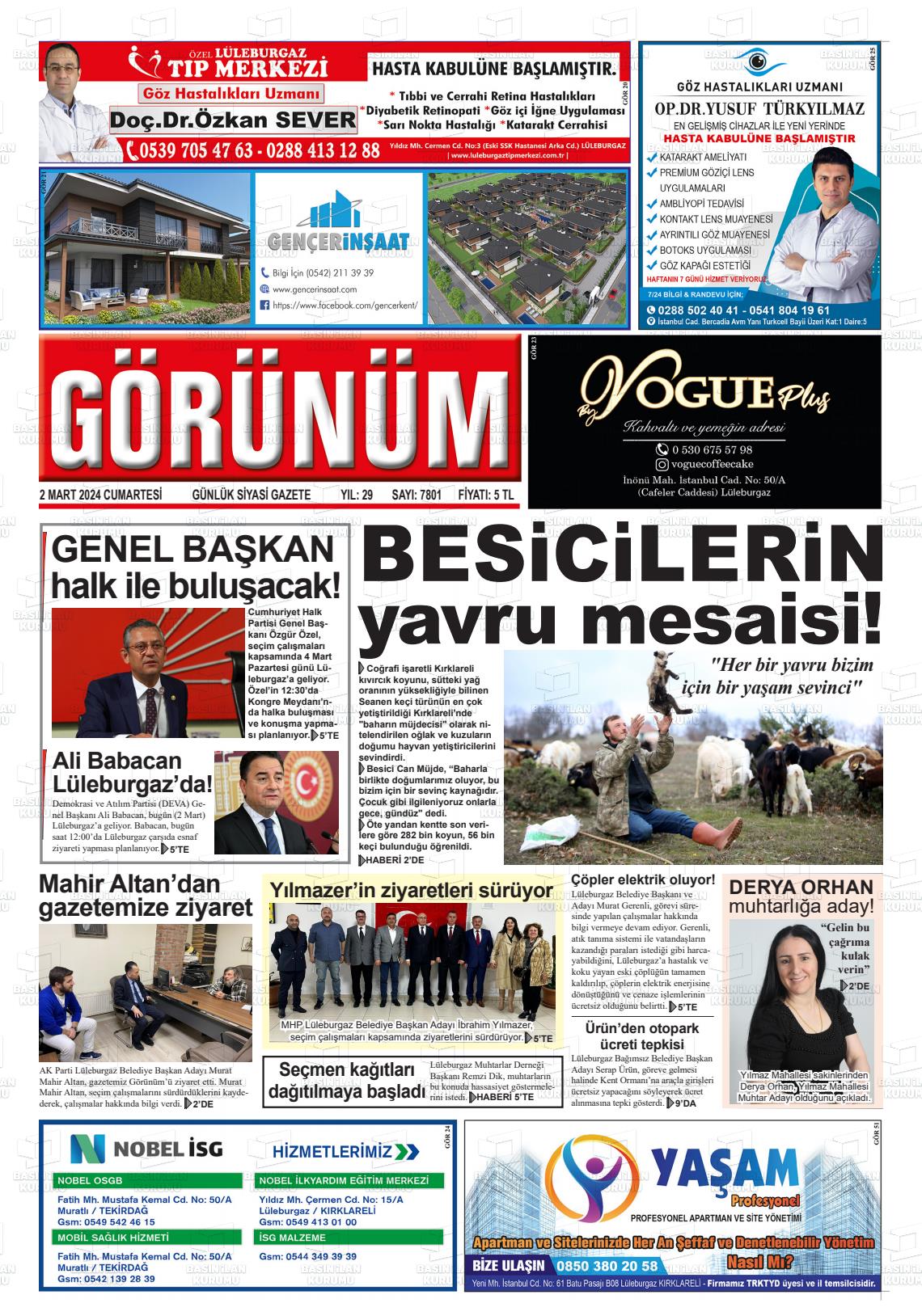 02 Mart 2024 Lüleburgaz Görünüm Gazete Manşeti