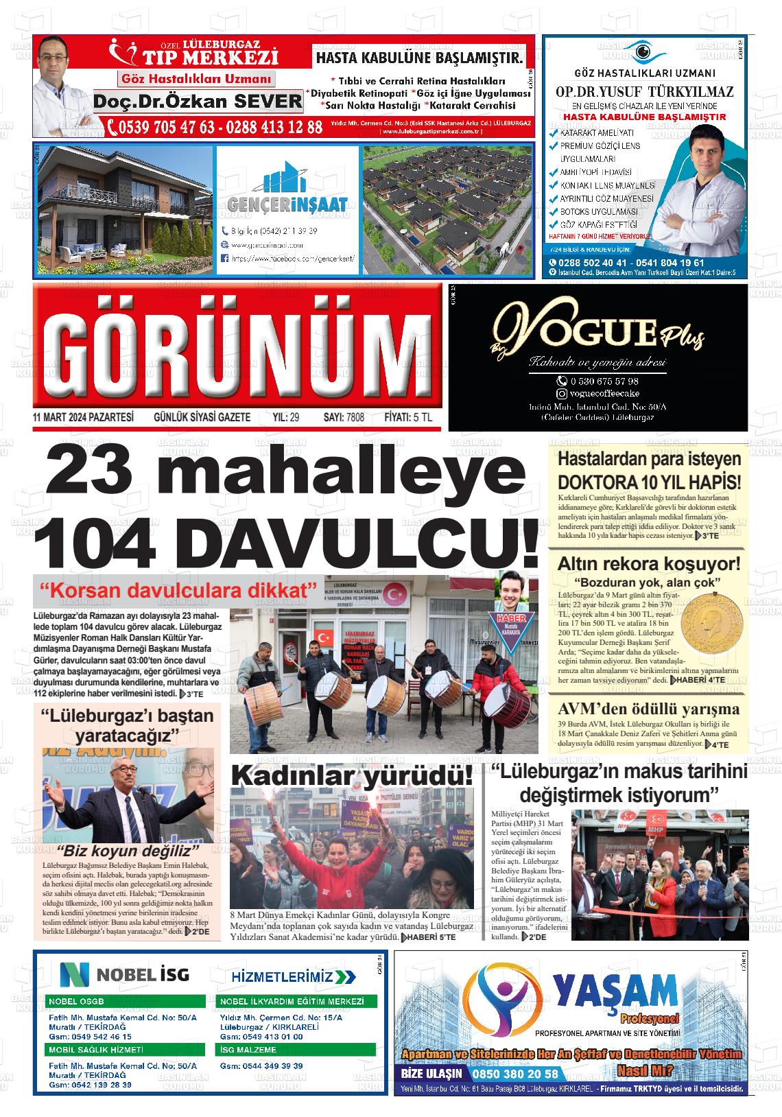 11 Mart 2024 Lüleburgaz Görünüm Gazete Manşeti