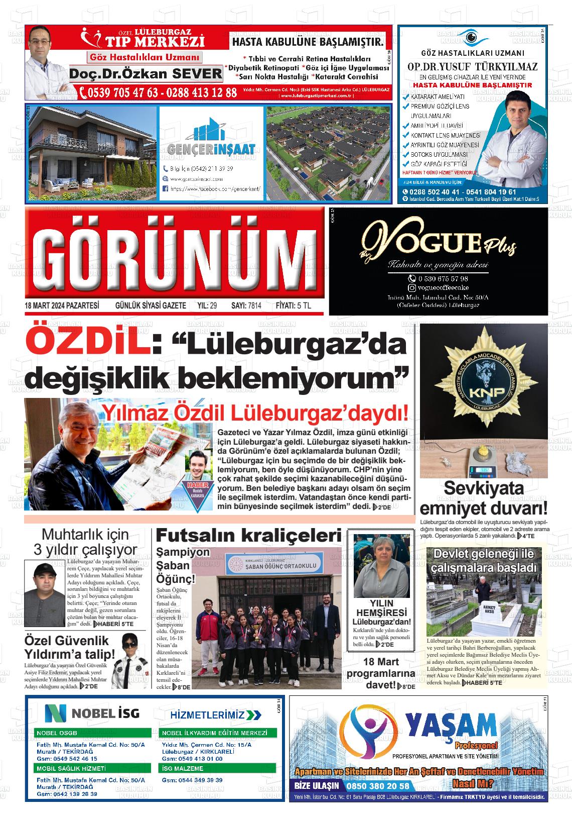 18 Mart 2024 Lüleburgaz Görünüm Gazete Manşeti