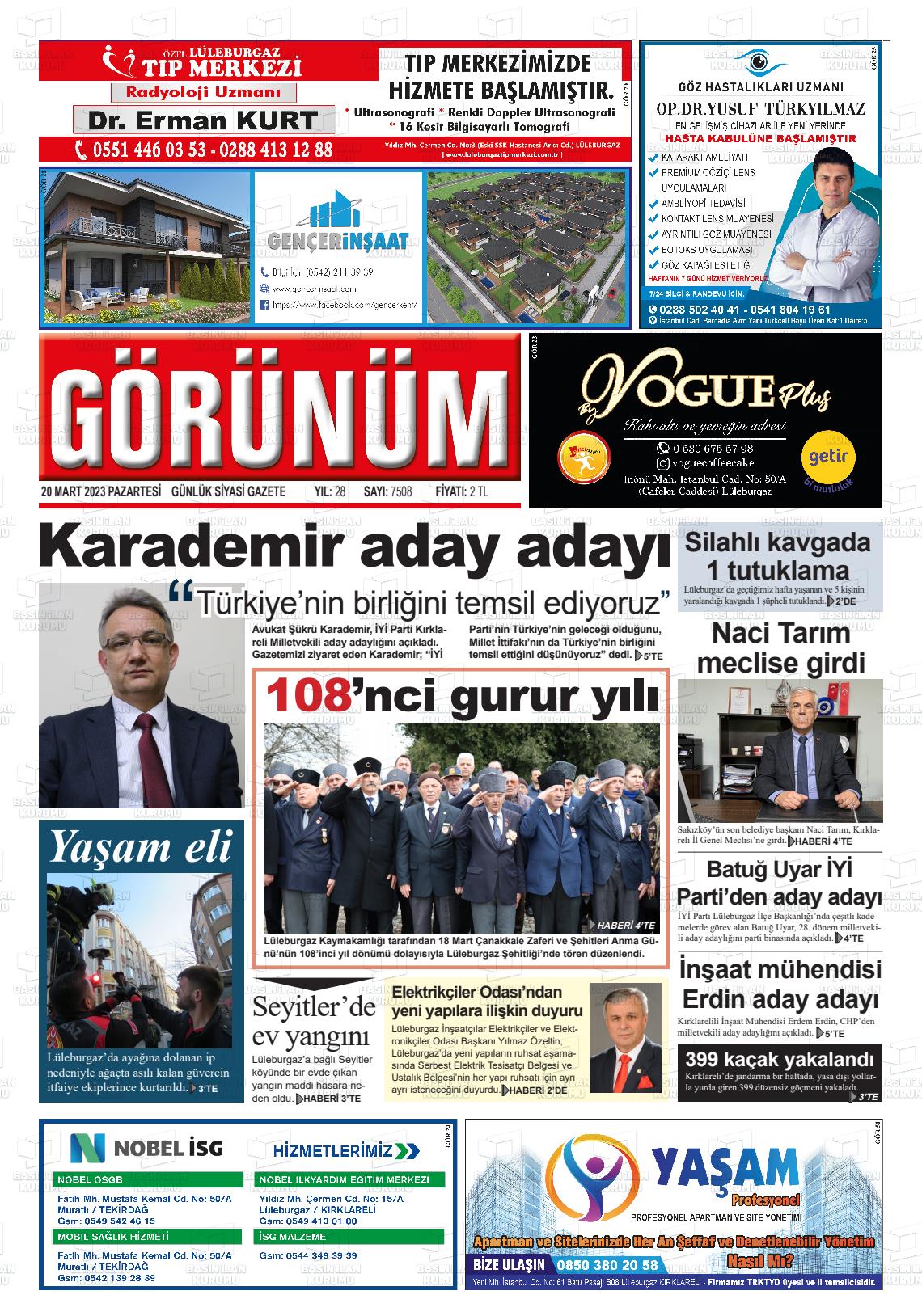 20 Mart 2023 Lüleburgaz Görünüm Gazete Manşeti