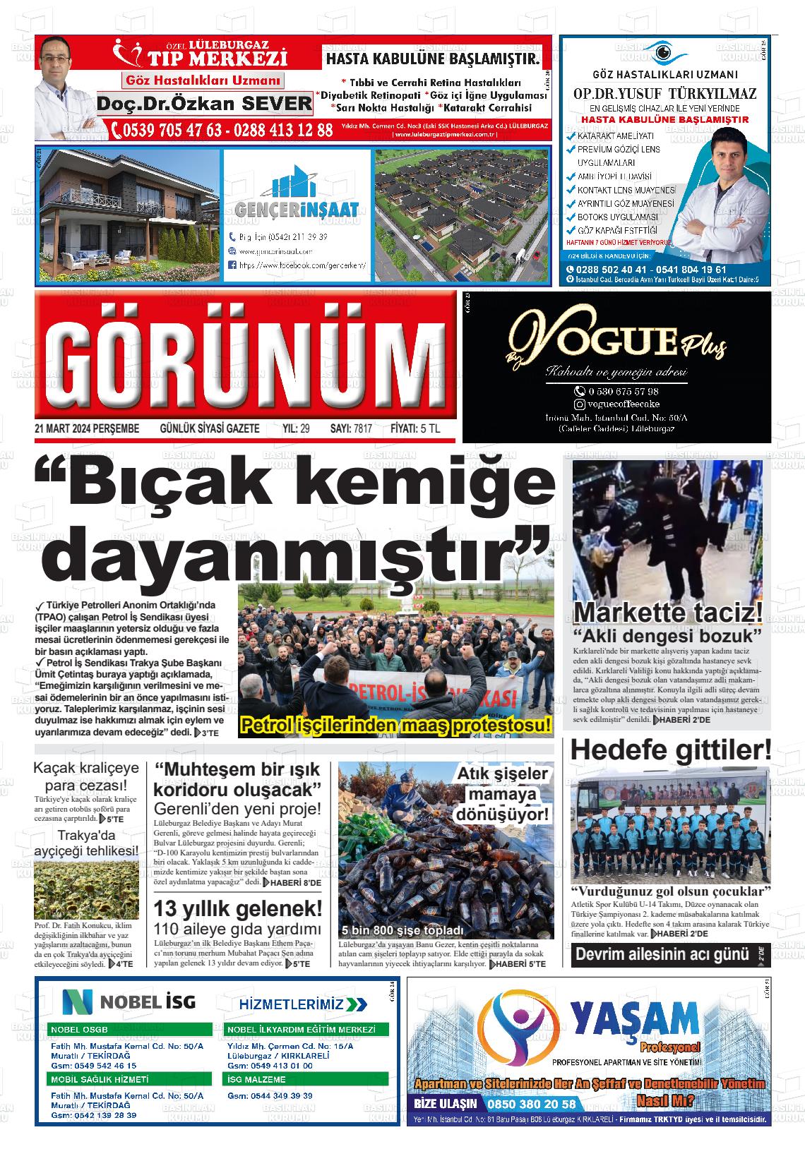 21 Mart 2024 Lüleburgaz Görünüm Gazete Manşeti