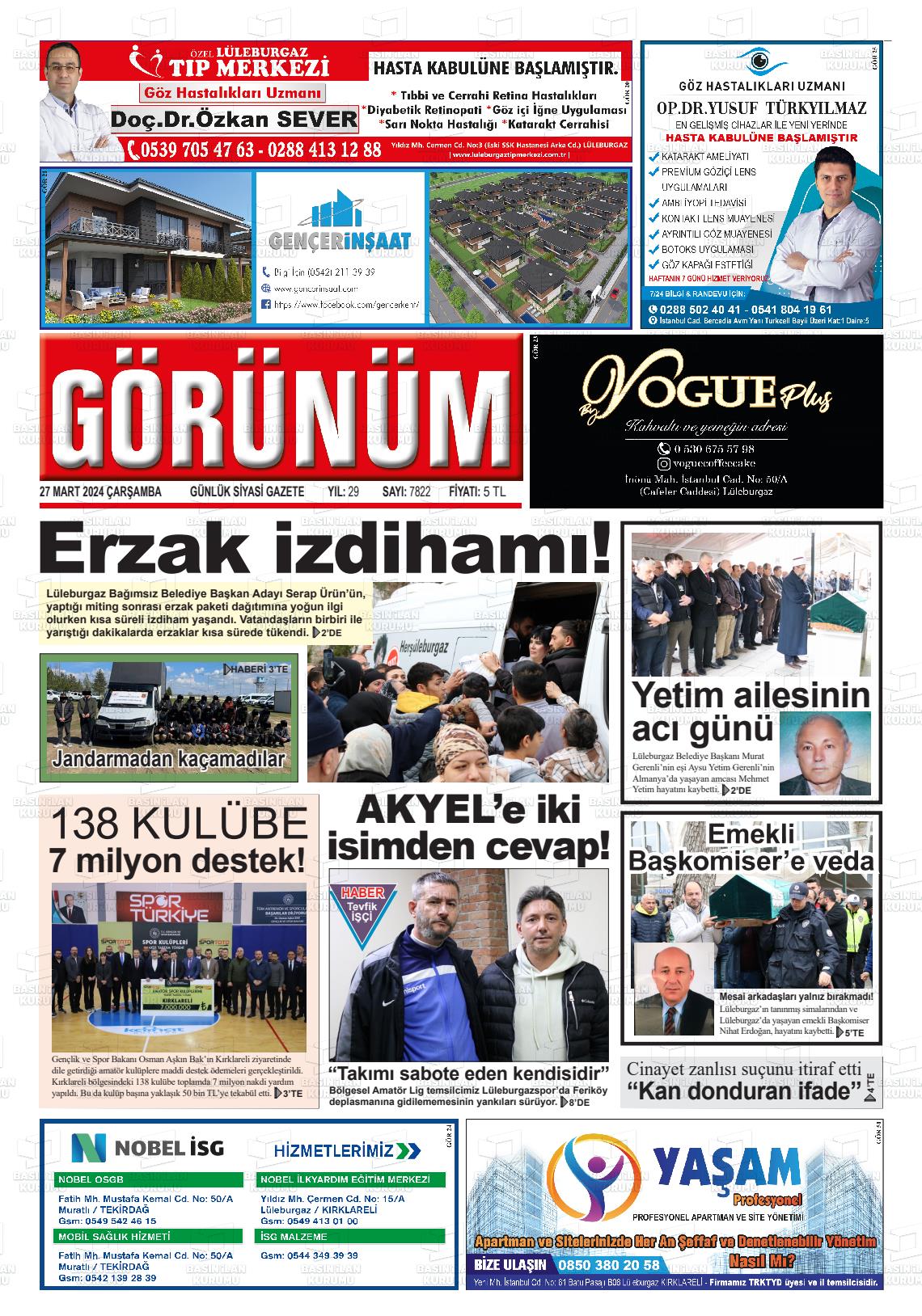 27 Mart 2024 Lüleburgaz Görünüm Gazete Manşeti