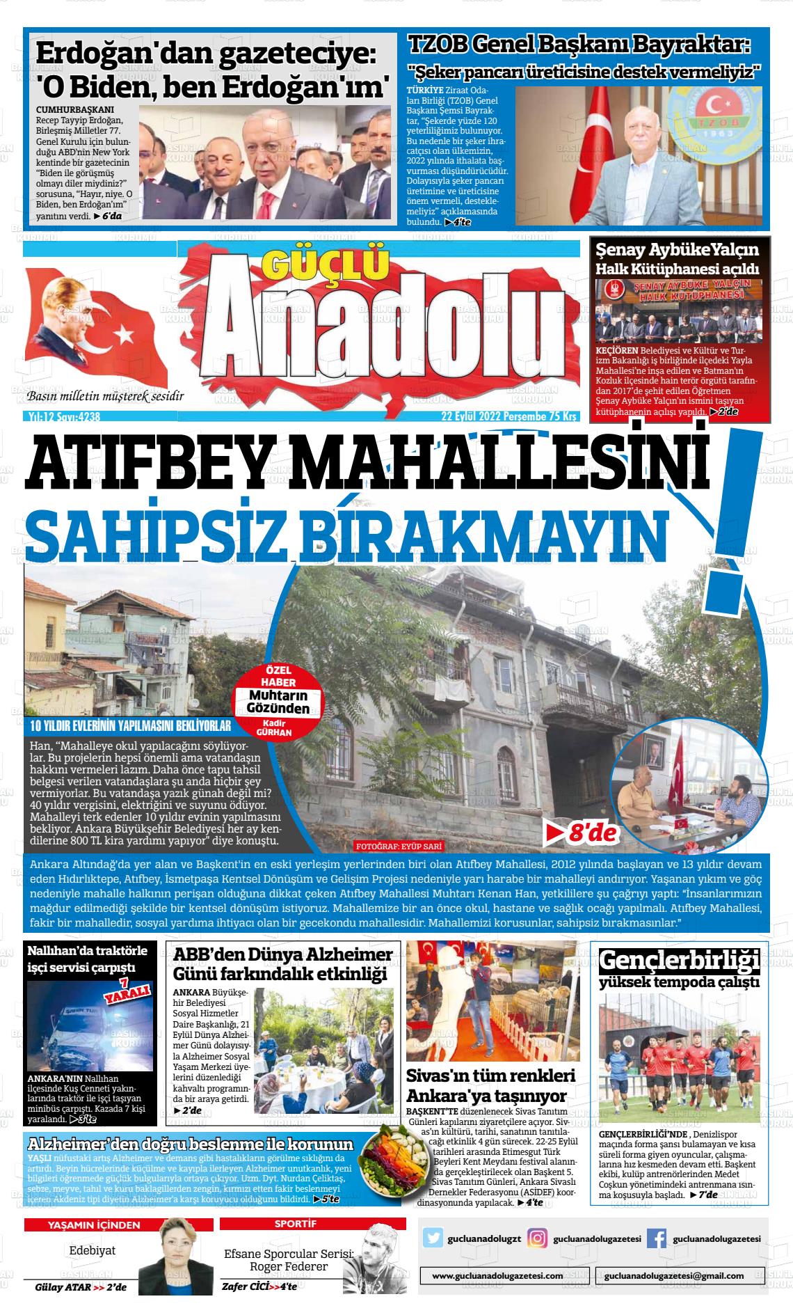 22 Eylül 2022 Güçlü Anadolu Gazete Manşeti