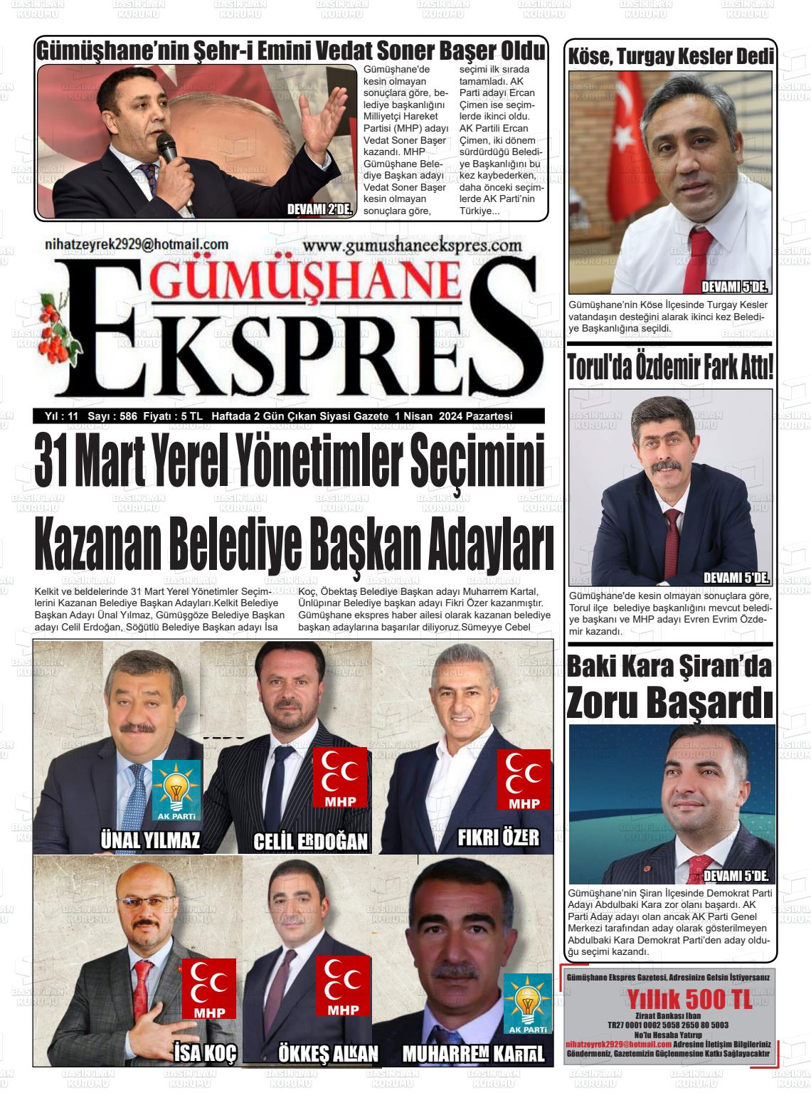 01 Nisan 2024 Gümüşhane Ekspres Gazete Manşeti