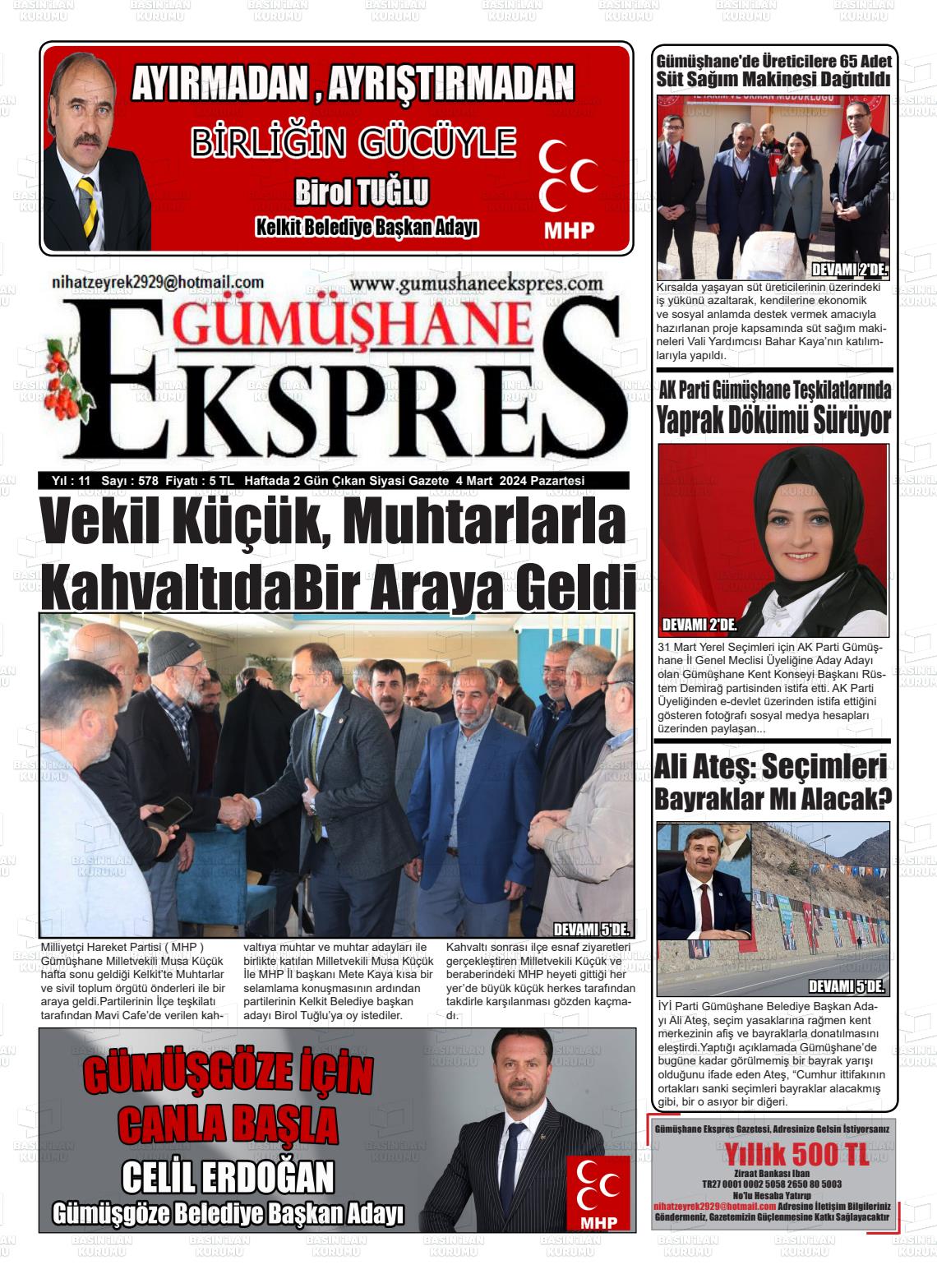 04 Mart 2024 Gümüşhane Ekspres Gazete Manşeti