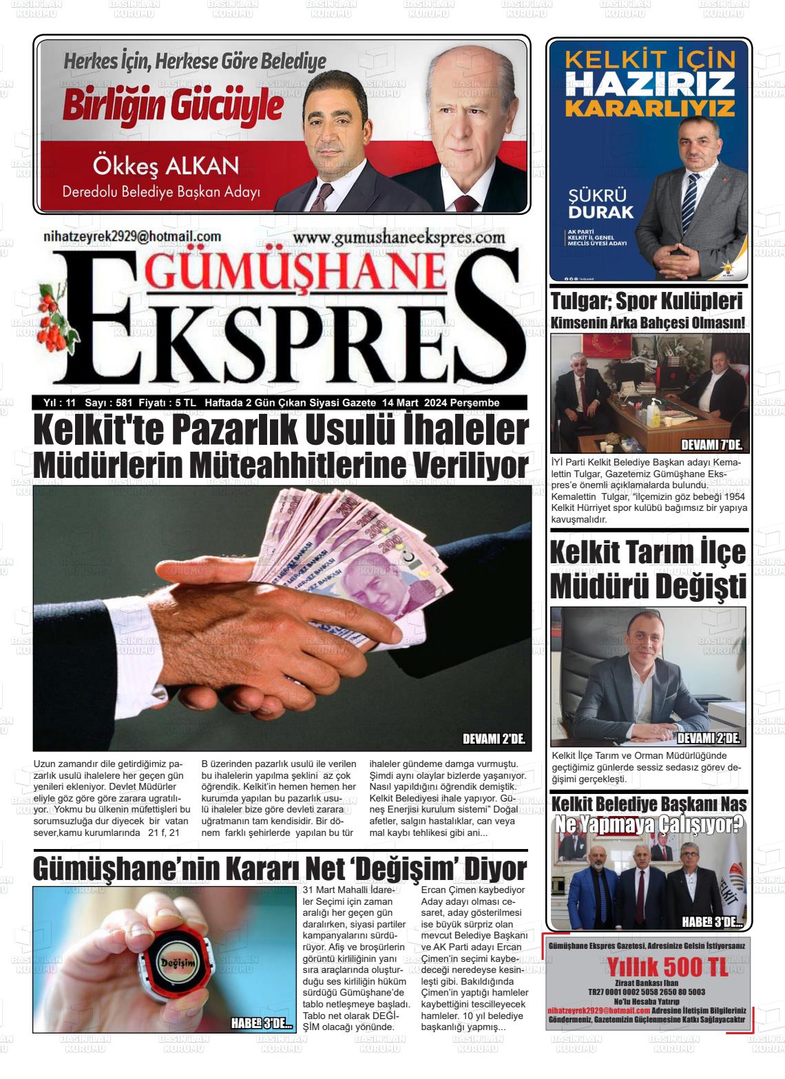 14 Mart 2024 Gümüşhane Ekspres Gazete Manşeti