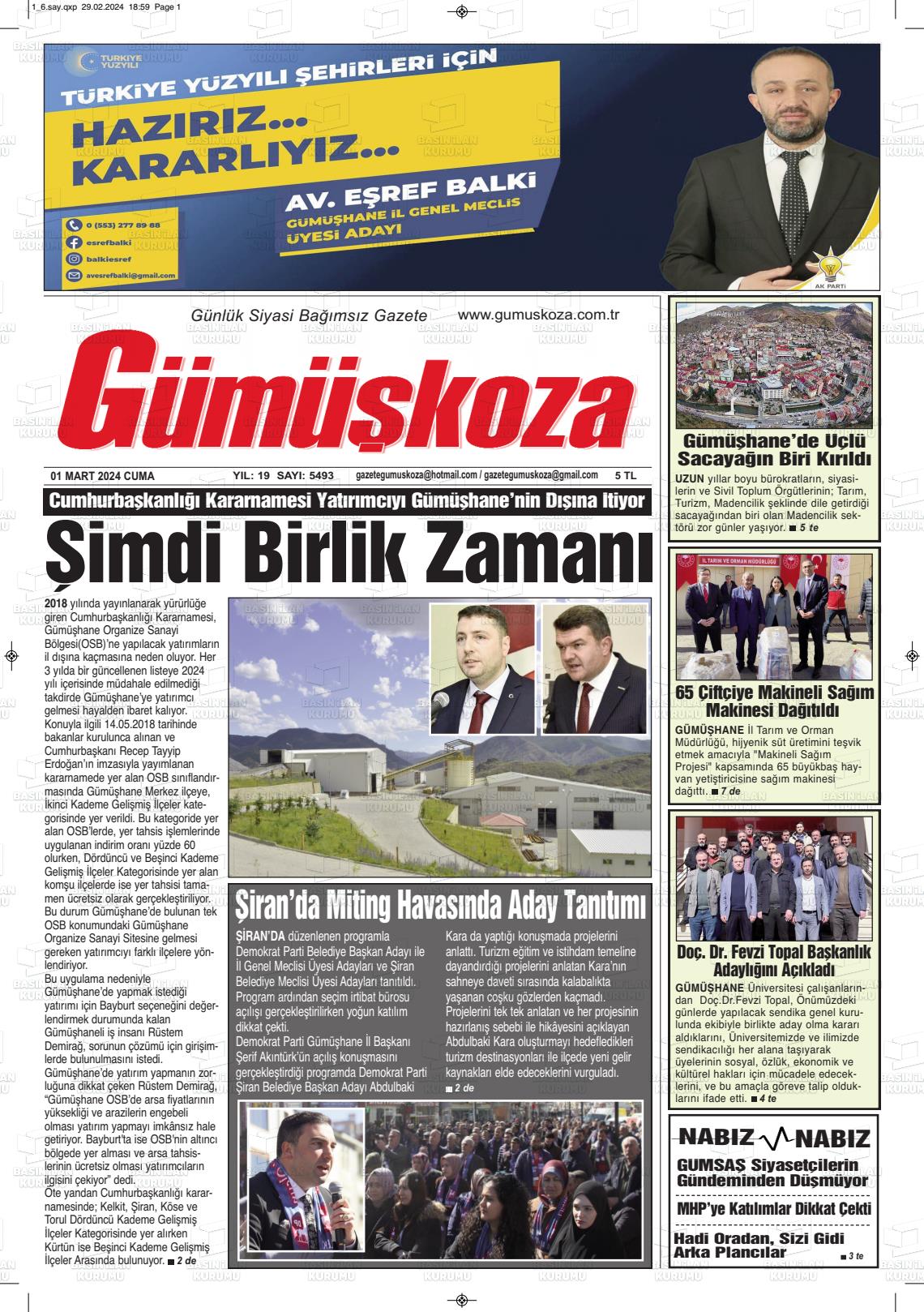 01 Mart 2024 Gümüşkoza Gazete Manşeti