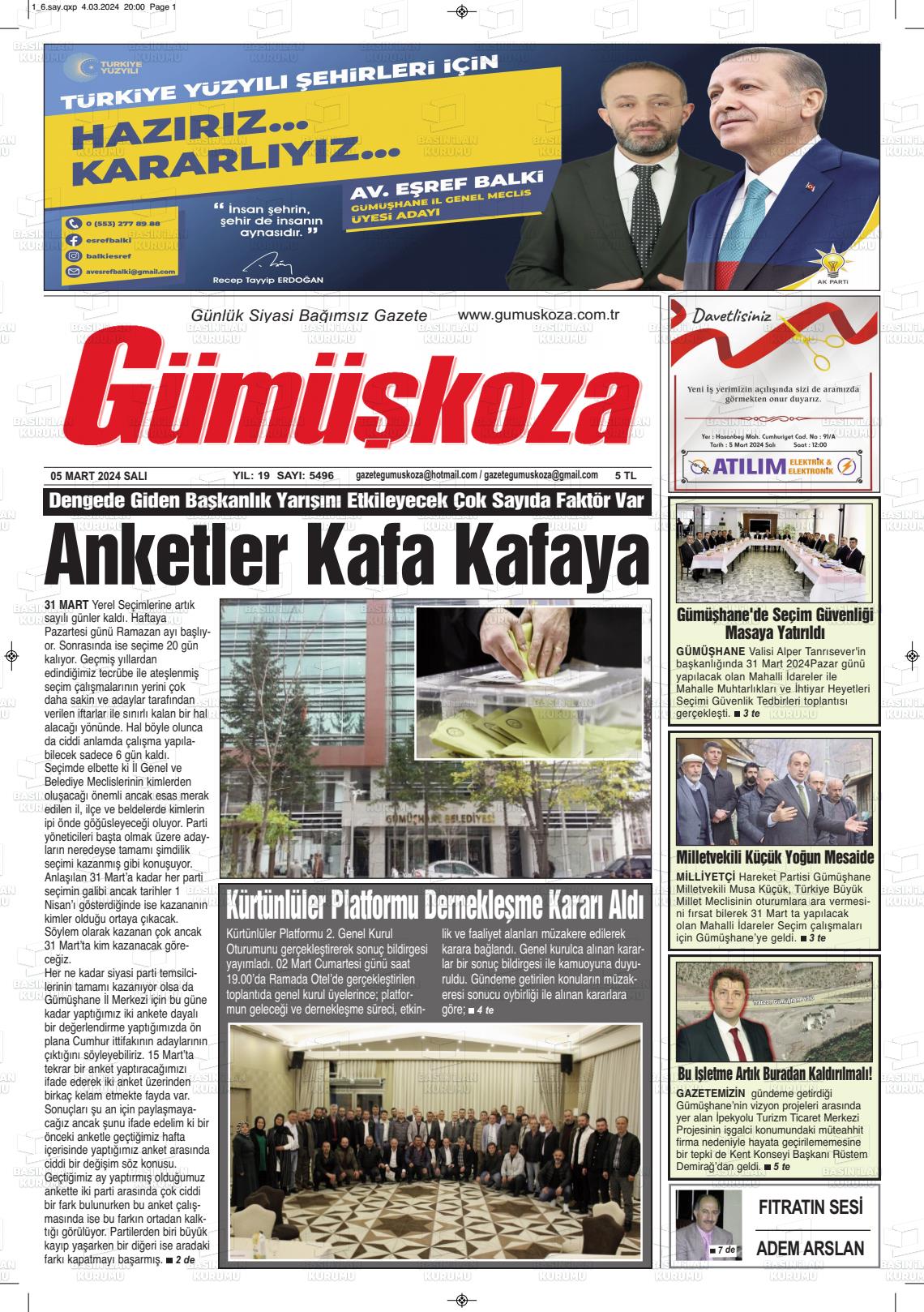 06 Mart 2024 Gümüşkoza Gazete Manşeti