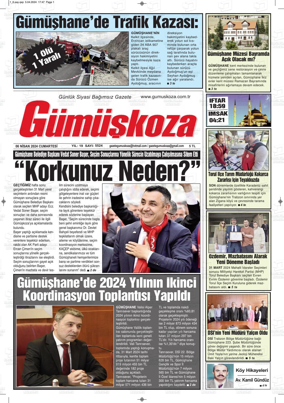 06 Nisan 2024 Gümüşkoza Gazete Manşeti