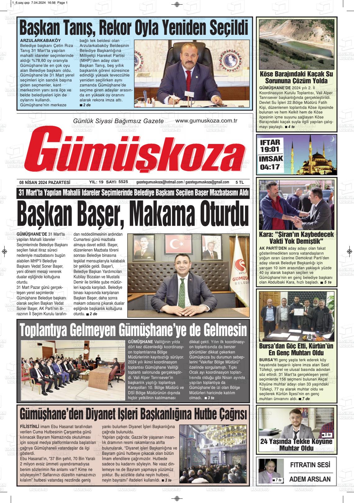 08 Nisan 2024 Gümüşkoza Gazete Manşeti