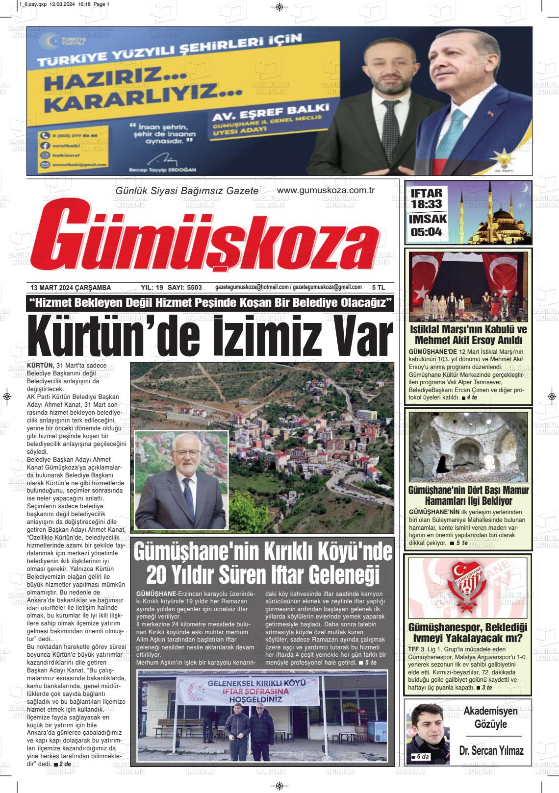 13 Mart 2024 Gümüşkoza Gazete Manşeti