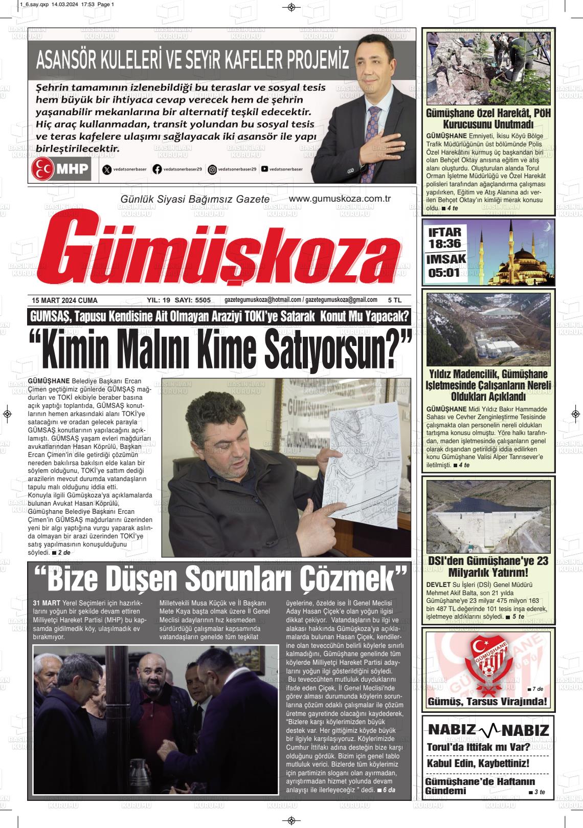 15 Mart 2024 Gümüşkoza Gazete Manşeti