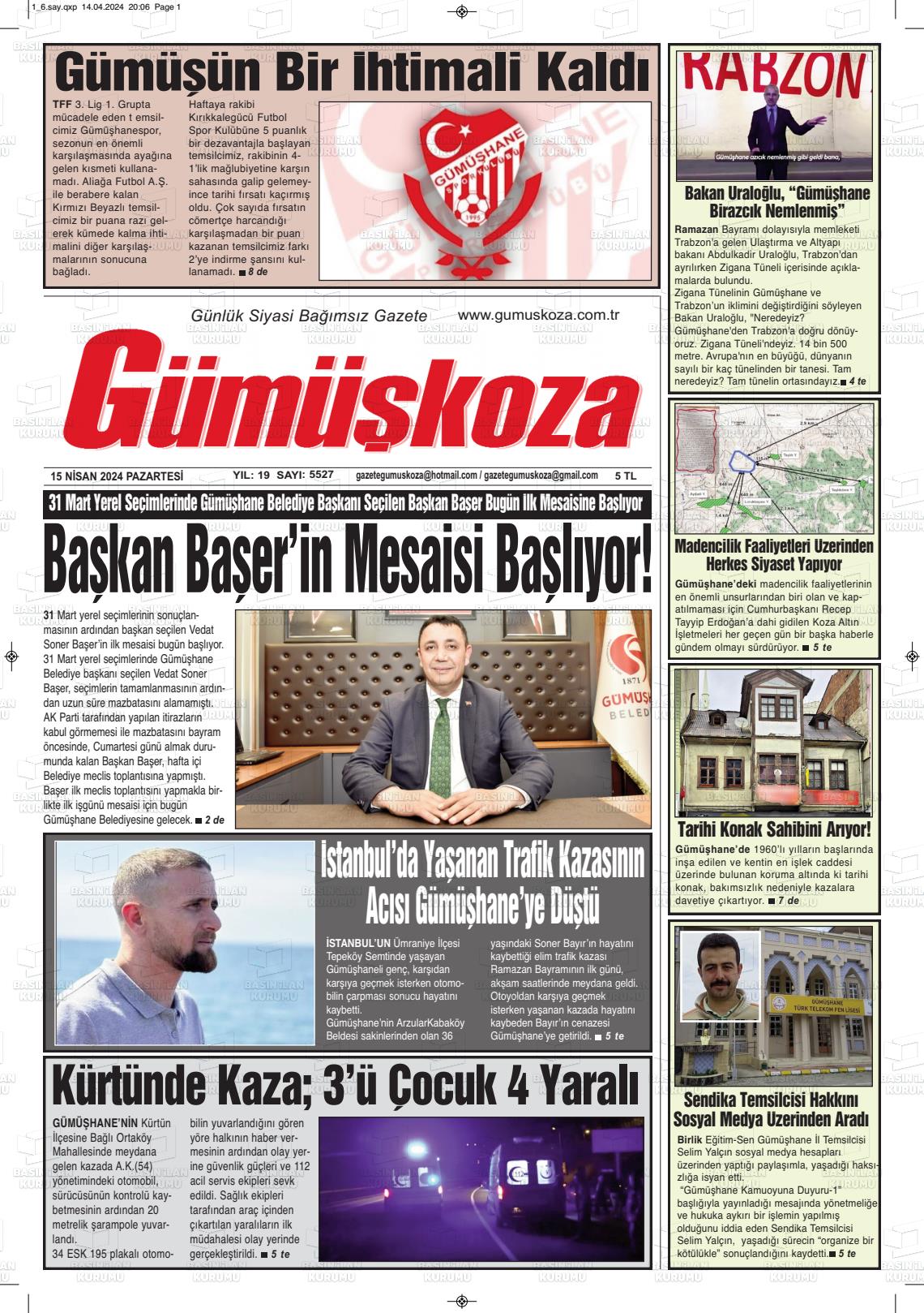 15 Nisan 2024 Gümüşkoza Gazete Manşeti