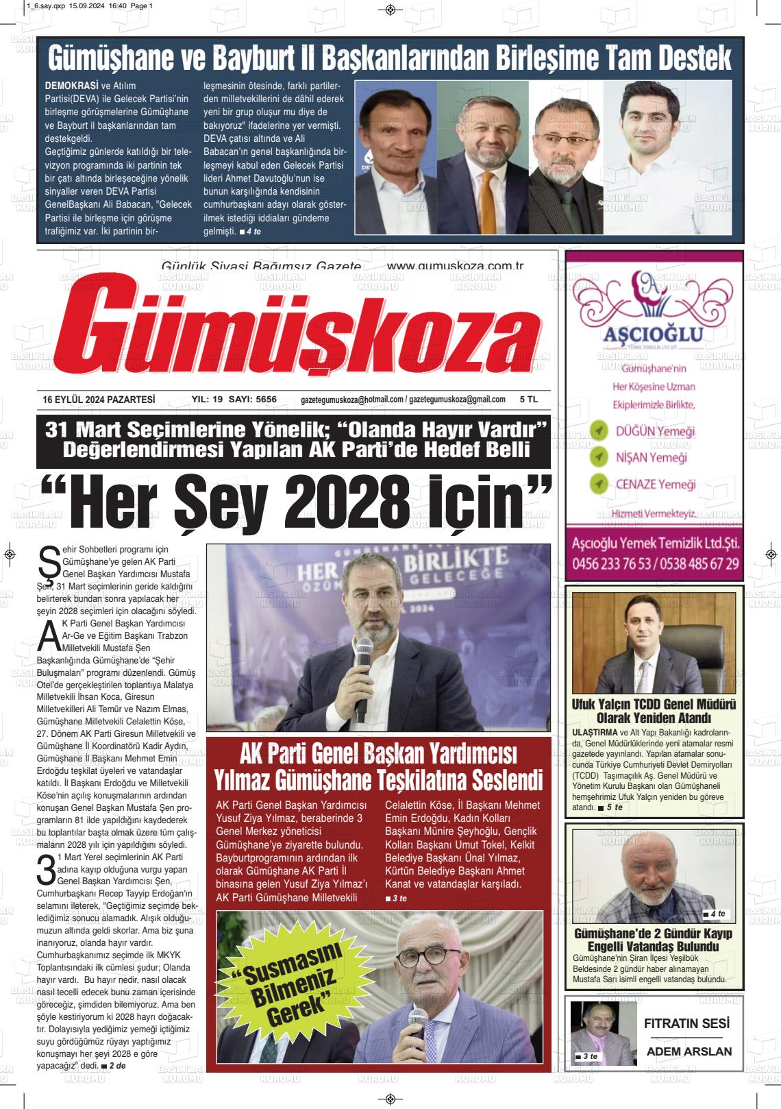 16 Eylül 2024 Gümüşkoza Gazete Manşeti