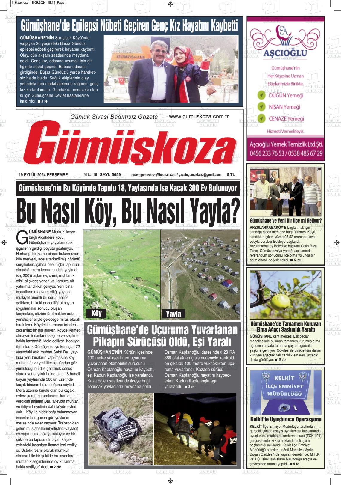 19 Eylül 2024 Gümüşkoza Gazete Manşeti