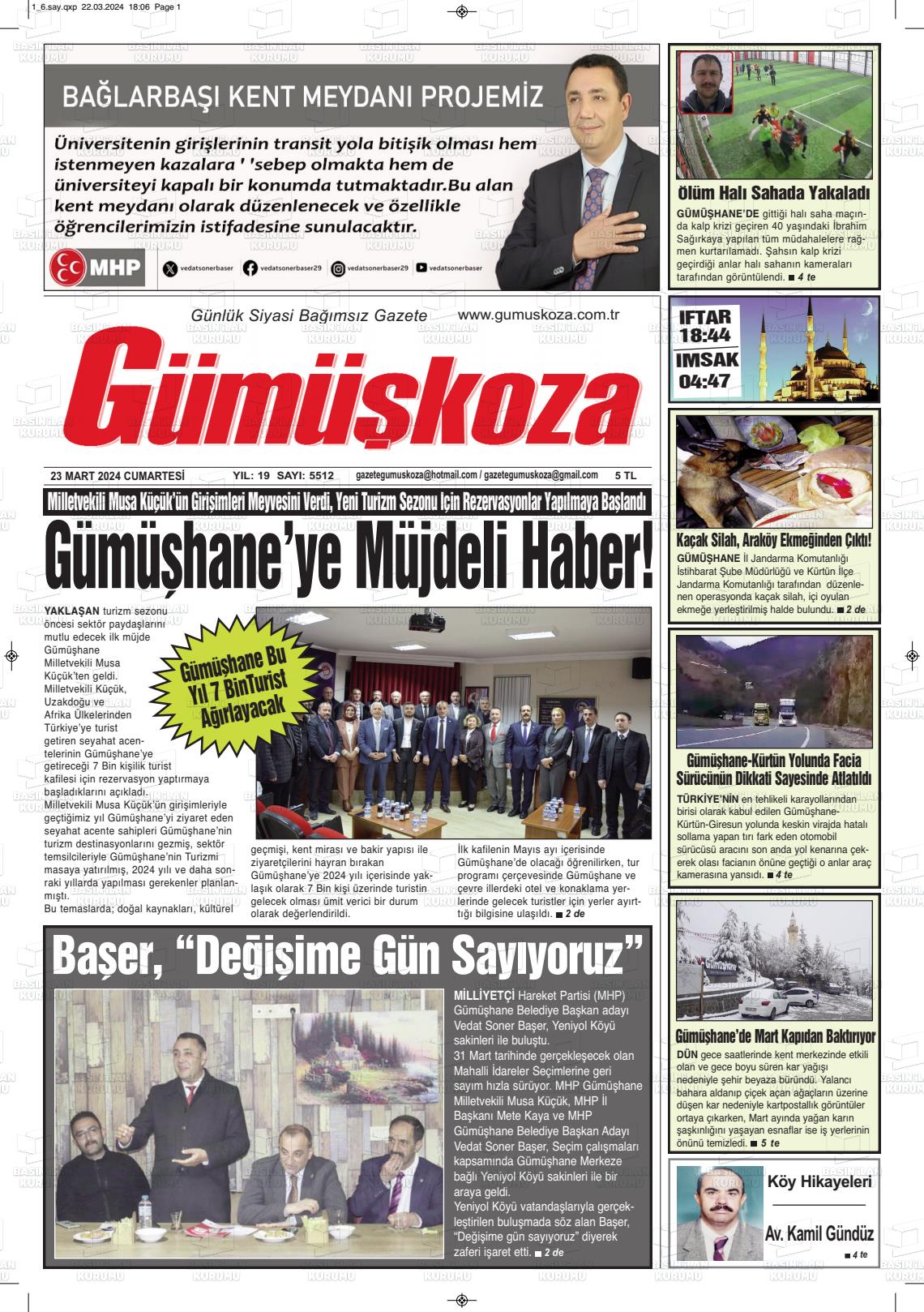 23 Mart 2024 Gümüşkoza Gazete Manşeti