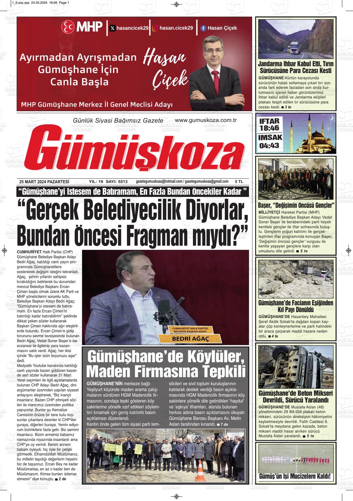 25 Mart 2024 Gümüşkoza Gazete Manşeti