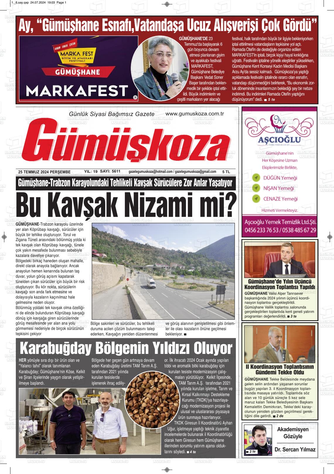 25 Temmuz 2024 Gümüşkoza Gazete Manşeti