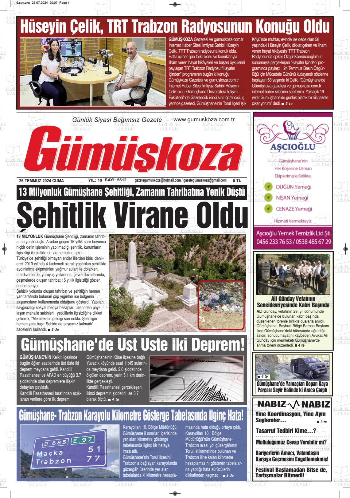 27 Temmuz 2024 Gümüşkoza Gazete Manşeti