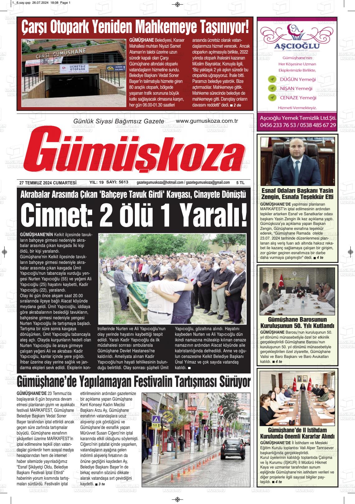 27 Temmuz 2024 Gümüşkoza Gazete Manşeti