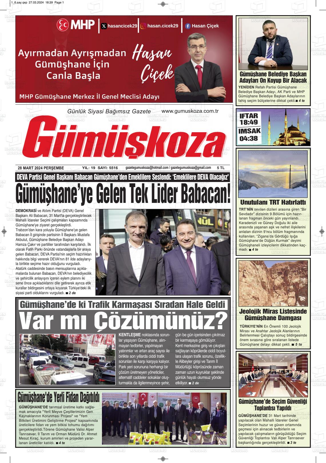 28 Mart 2024 Gümüşkoza Gazete Manşeti