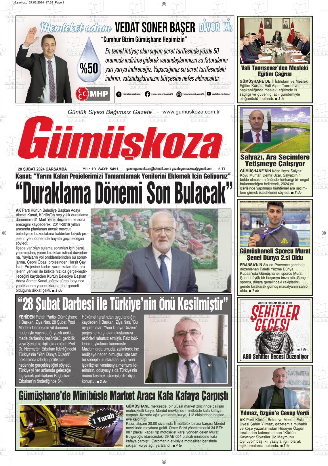 28 Şubat 2024 Gümüşkoza Gazete Manşeti