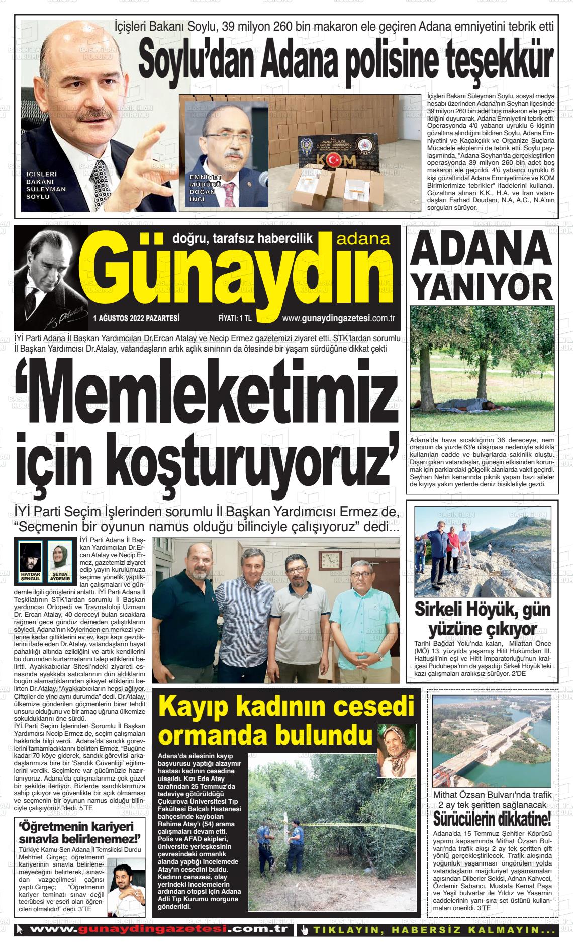 01 Ağustos 2022 Günaydın Adana Gazete Manşeti