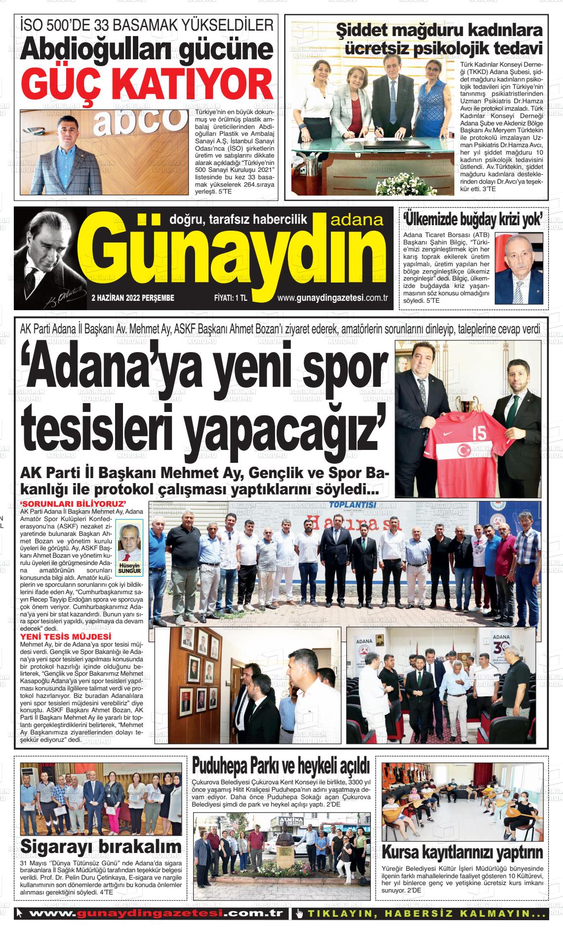 02 Haziran 2022 Günaydın Adana Gazete Manşeti