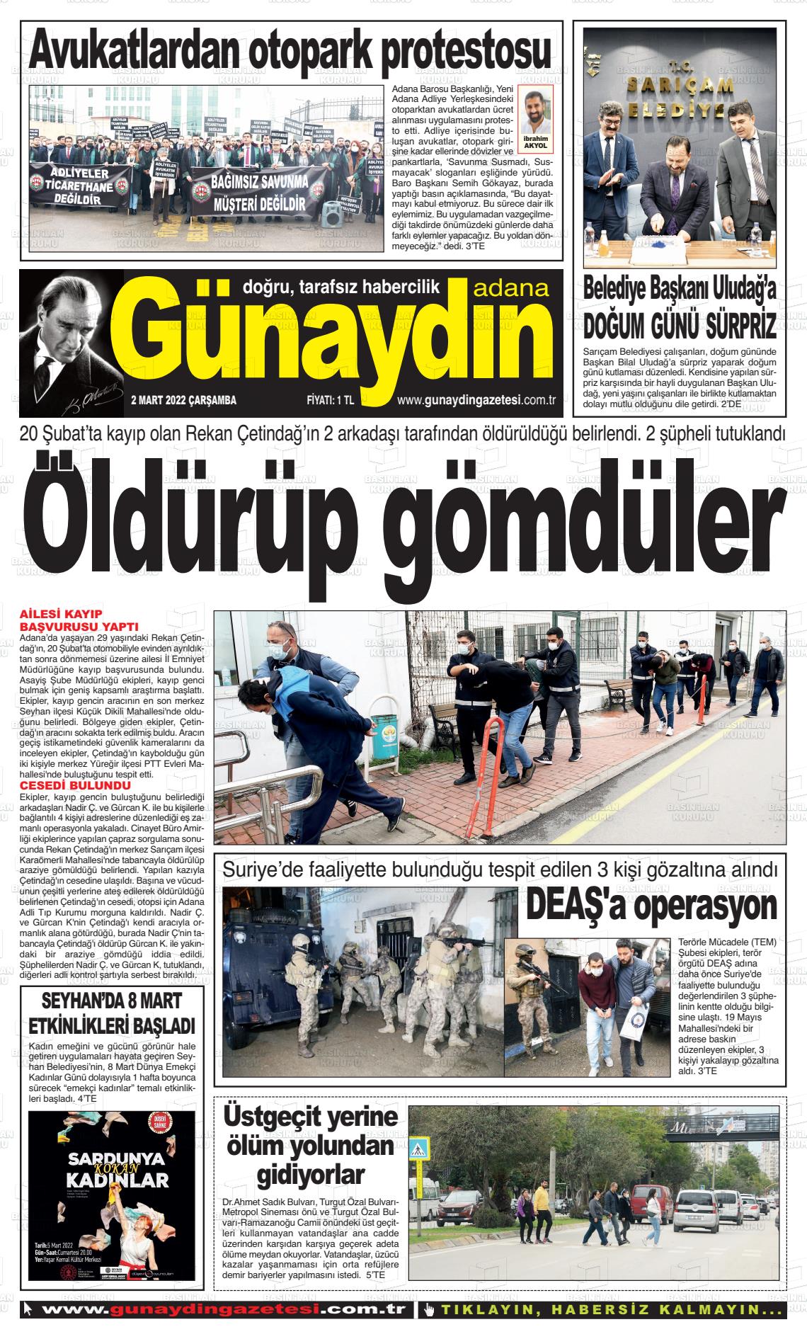 02 Mart 2022 Günaydın Adana Gazete Manşeti