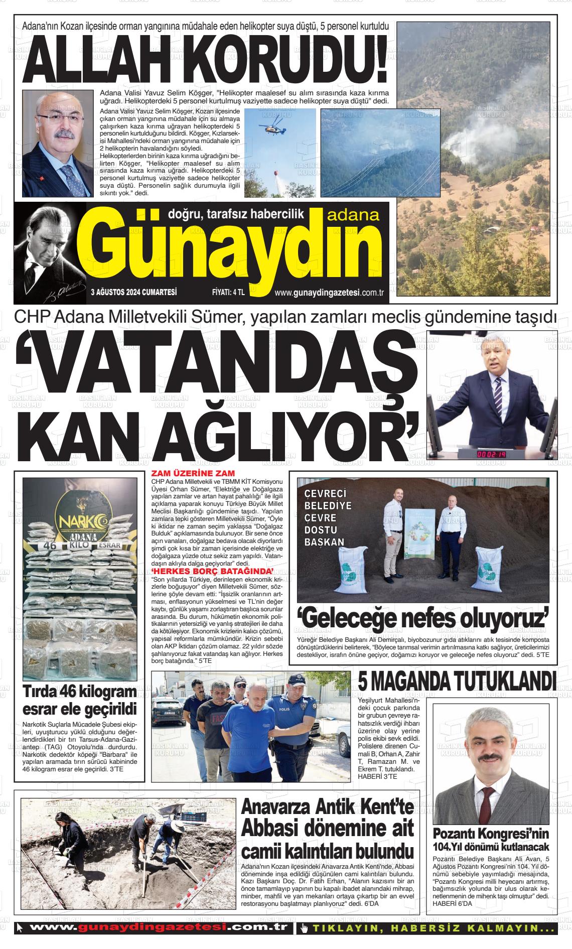 03 Ağustos 2024 Günaydın Adana Gazete Manşeti