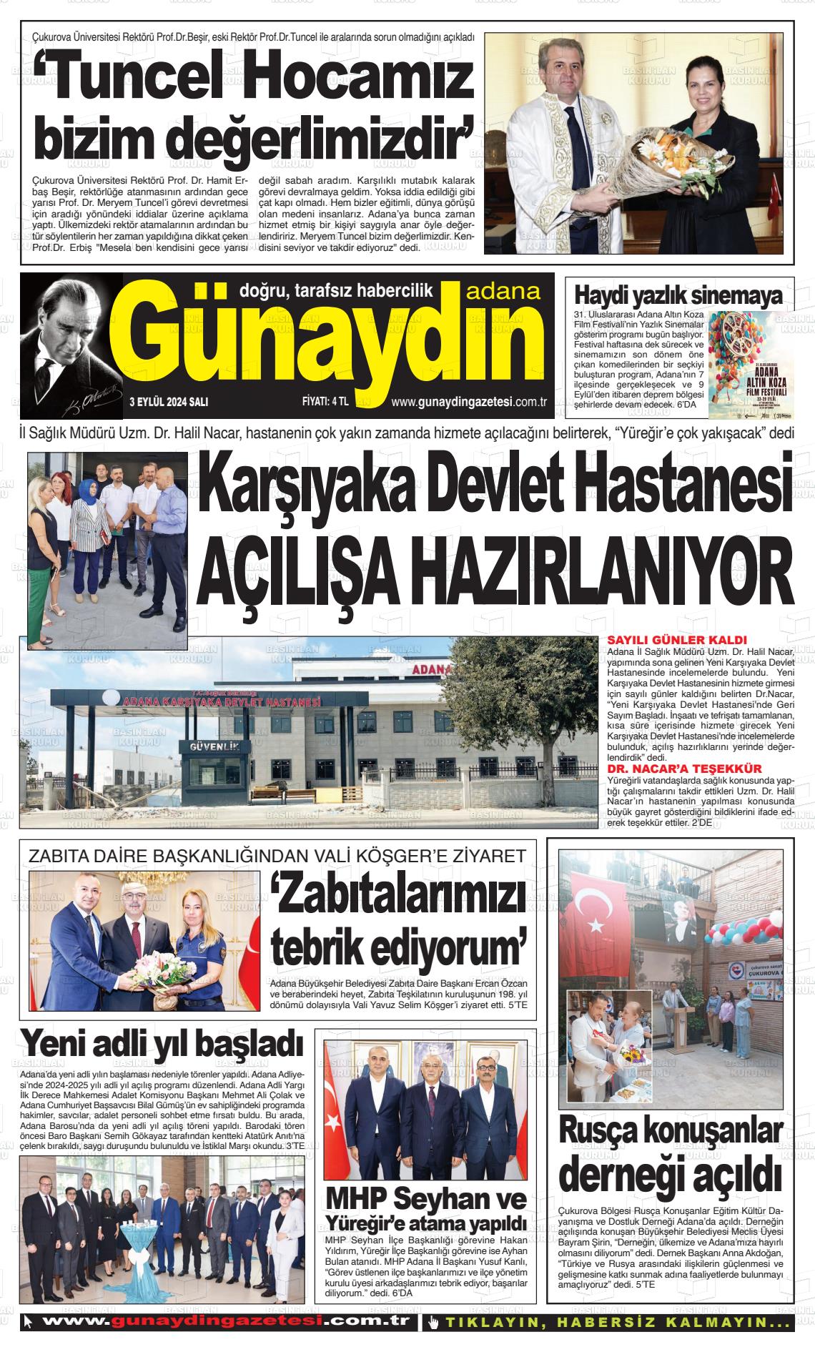 03 Eylül 2024 Günaydın Adana Gazete Manşeti