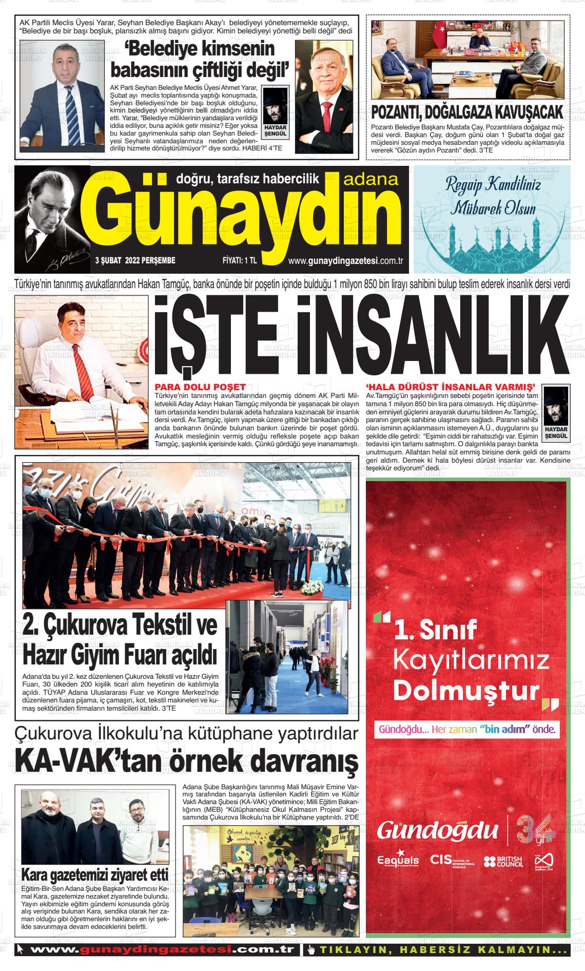 03 Şubat 2022 Günaydın Adana Gazete Manşeti