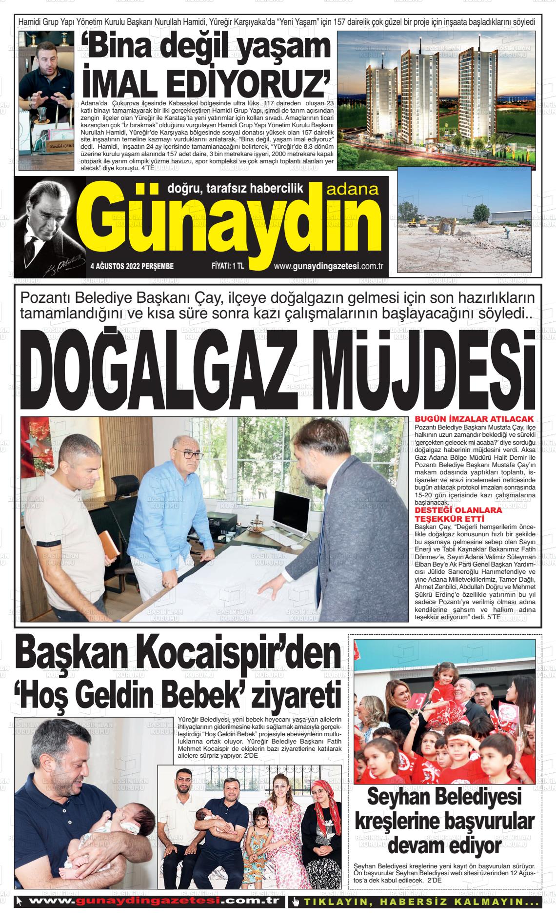 04 Ağustos 2022 Günaydın Adana Gazete Manşeti