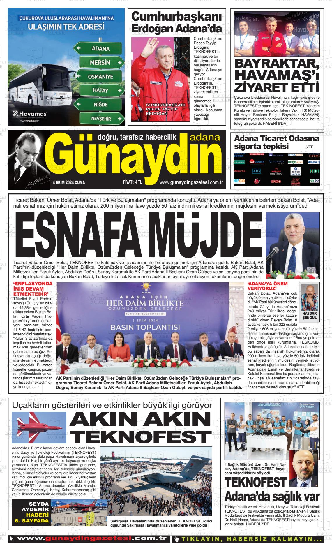 04 Ekim 2024 Günaydın Adana Gazete Manşeti