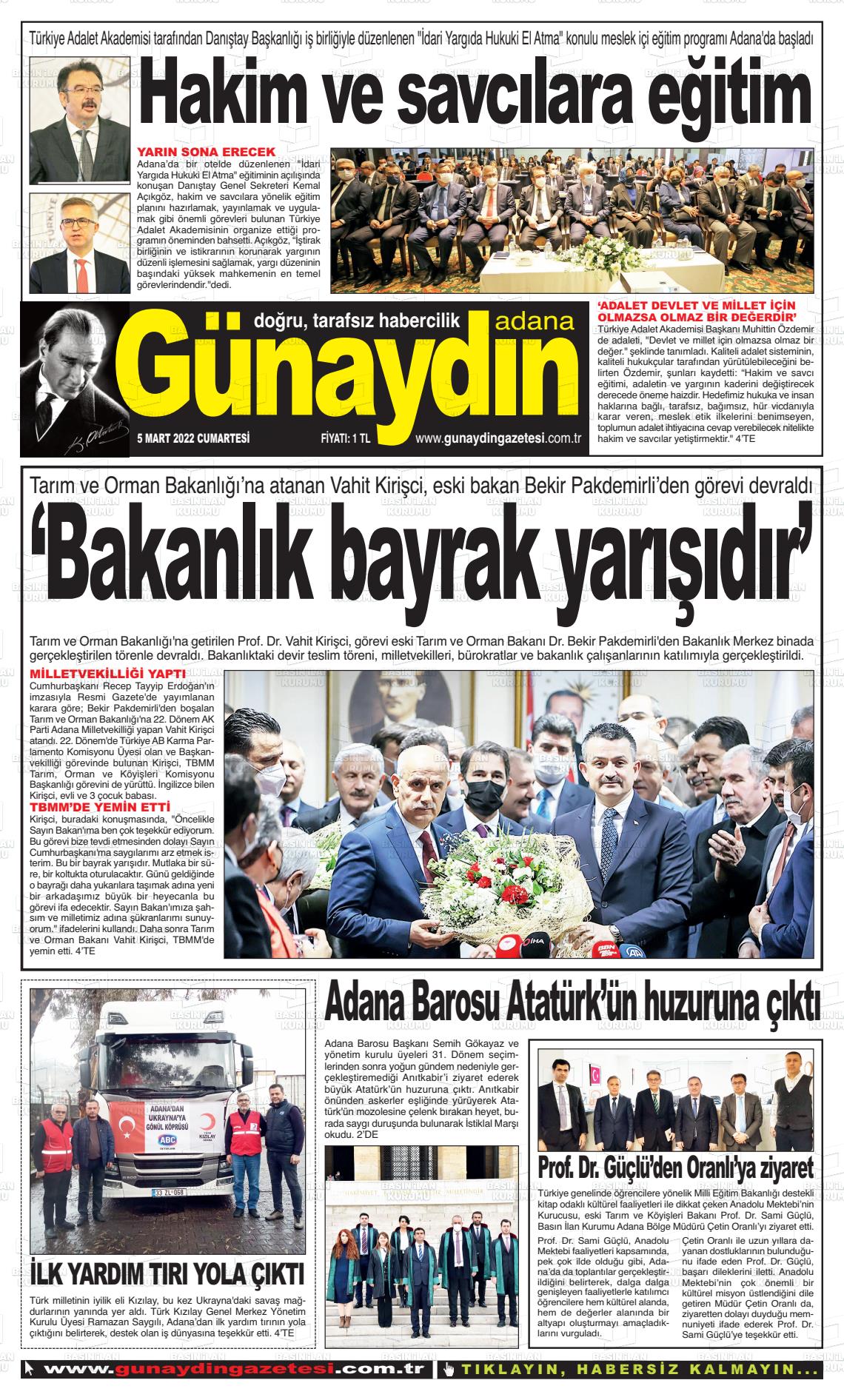 05 Mart 2022 Günaydın Adana Gazete Manşeti