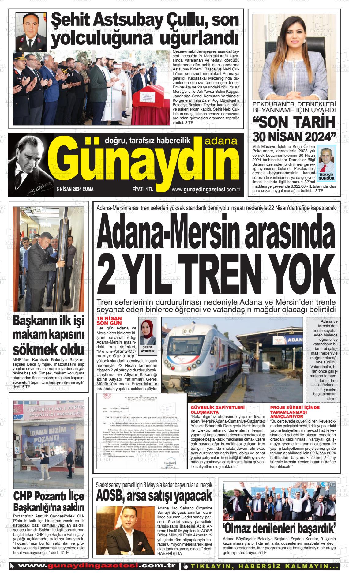 05 Nisan 2024 Günaydın Adana Gazete Manşeti