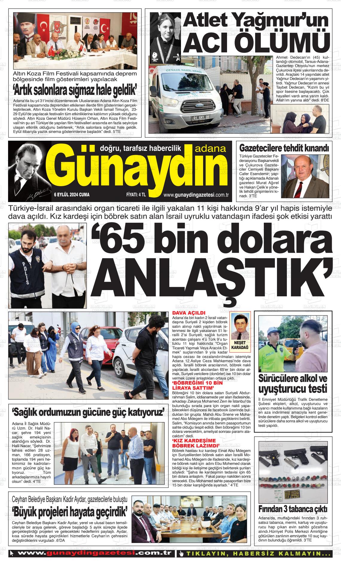 06 Eylül 2024 Günaydın Adana Gazete Manşeti