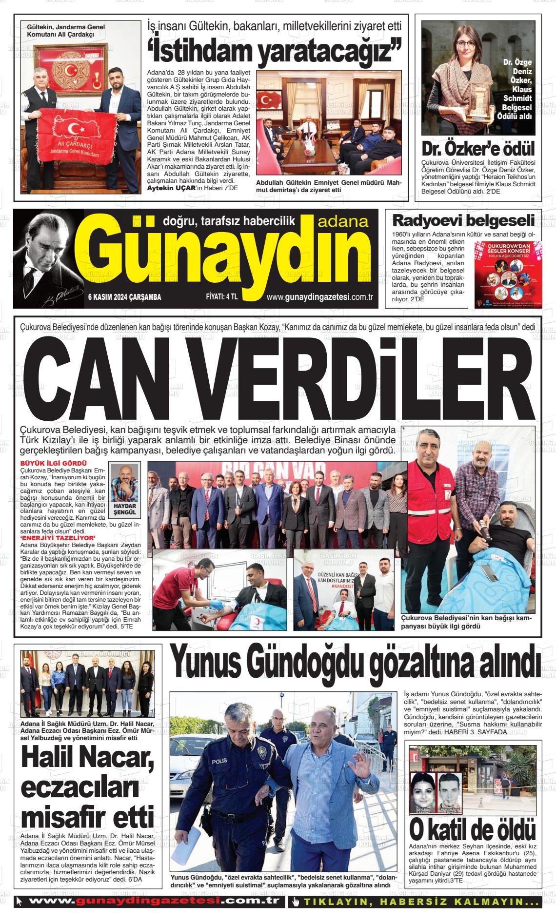 06 Kasım 2024 Günaydın Adana Gazete Manşeti