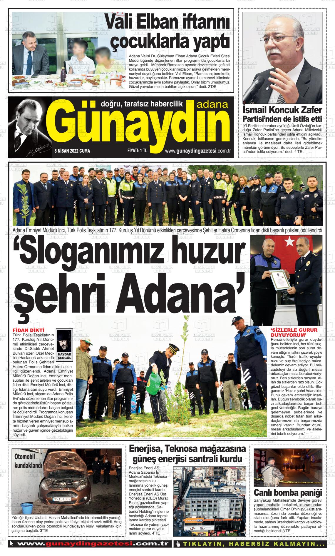 08 Nisan 2022 Günaydın Adana Gazete Manşeti