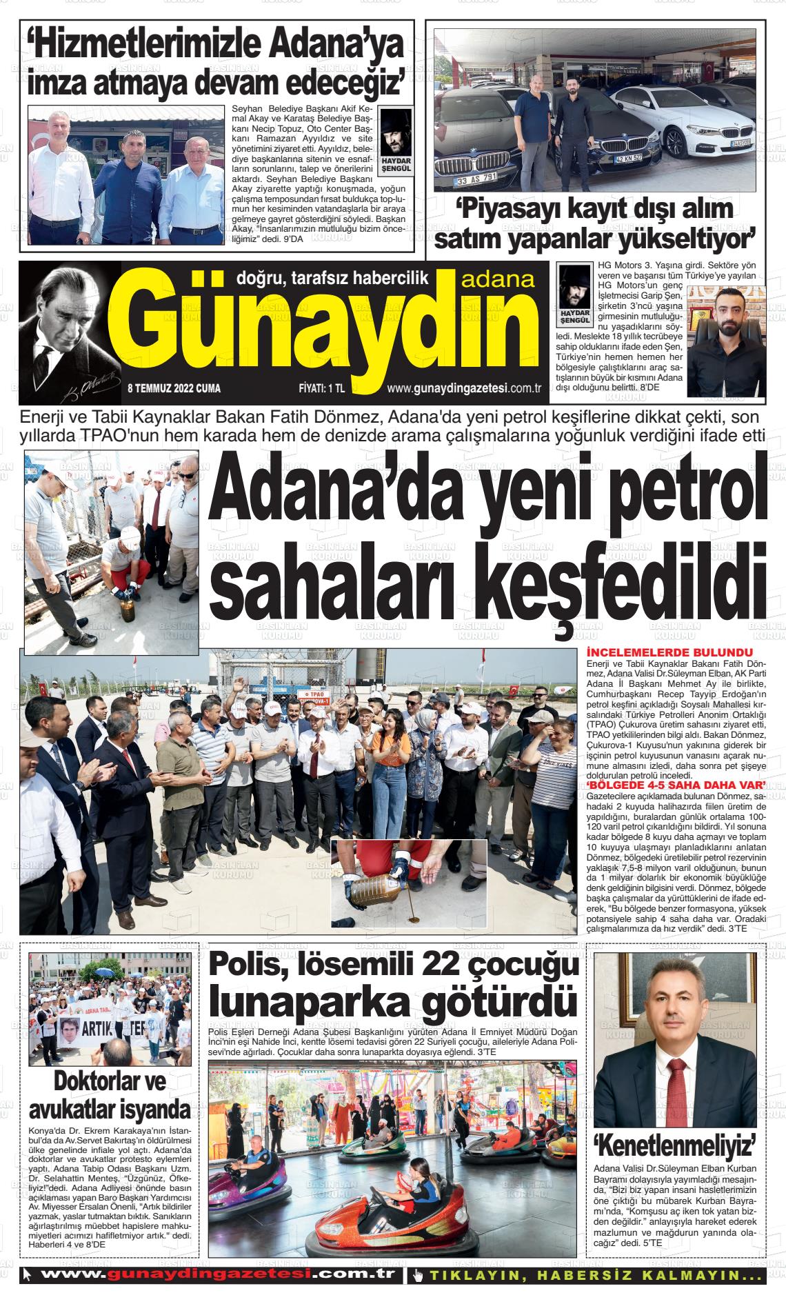 08 Temmuz 2022 Günaydın Adana Gazete Manşeti