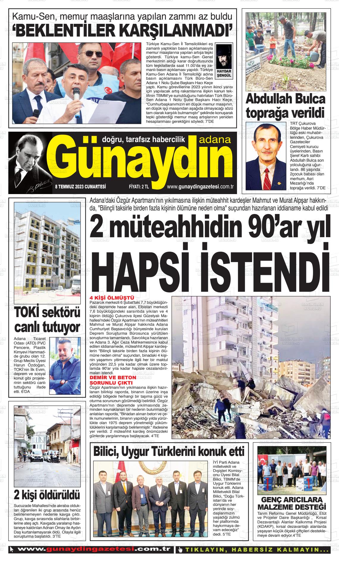 08 Temmuz 2023 Günaydın Adana Gazete Manşeti