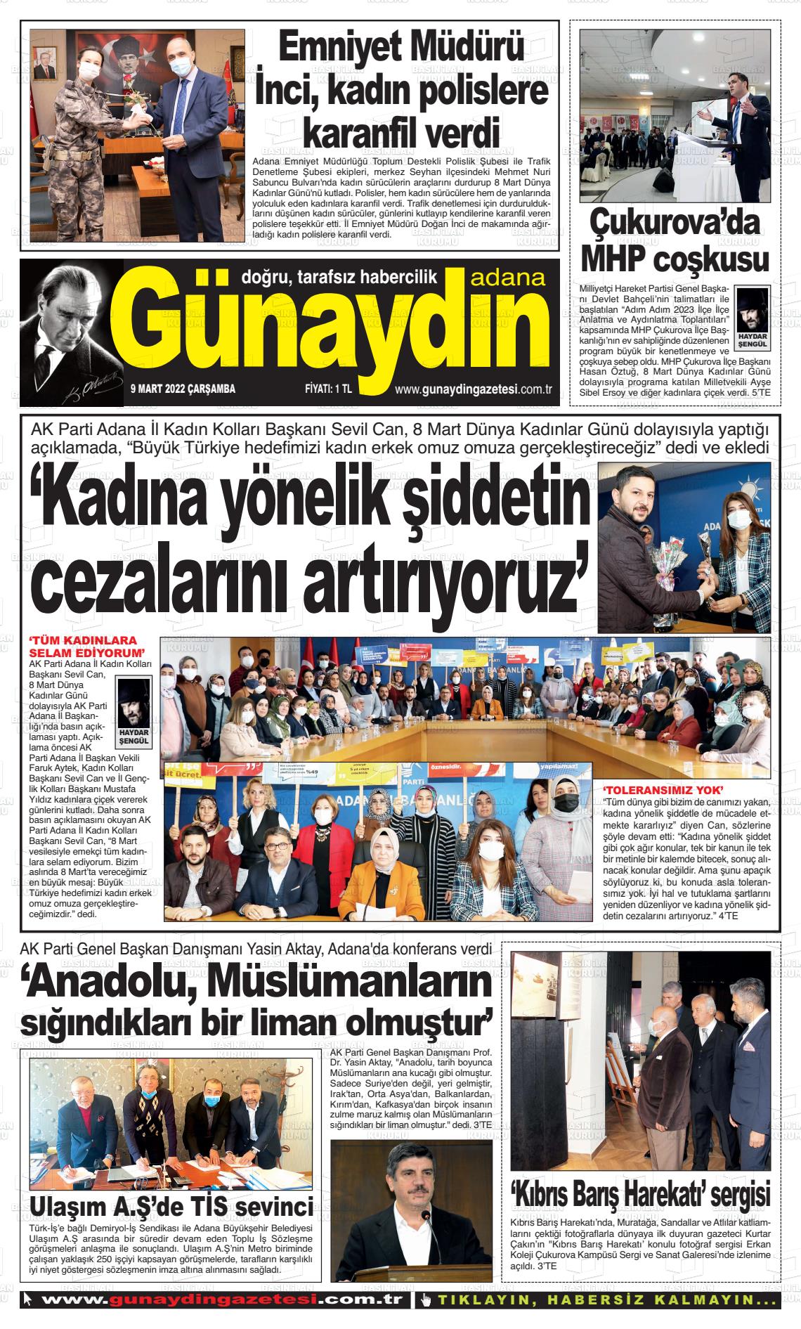 09 Mart 2022 Günaydın Adana Gazete Manşeti