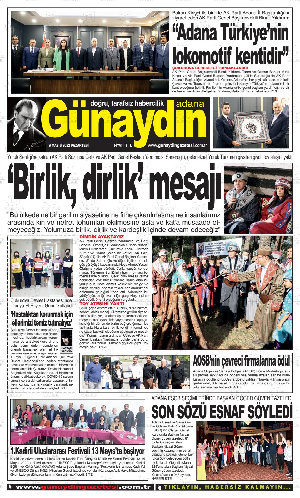 09 Mayıs 2022 Günaydın Adana Gazete Manşeti