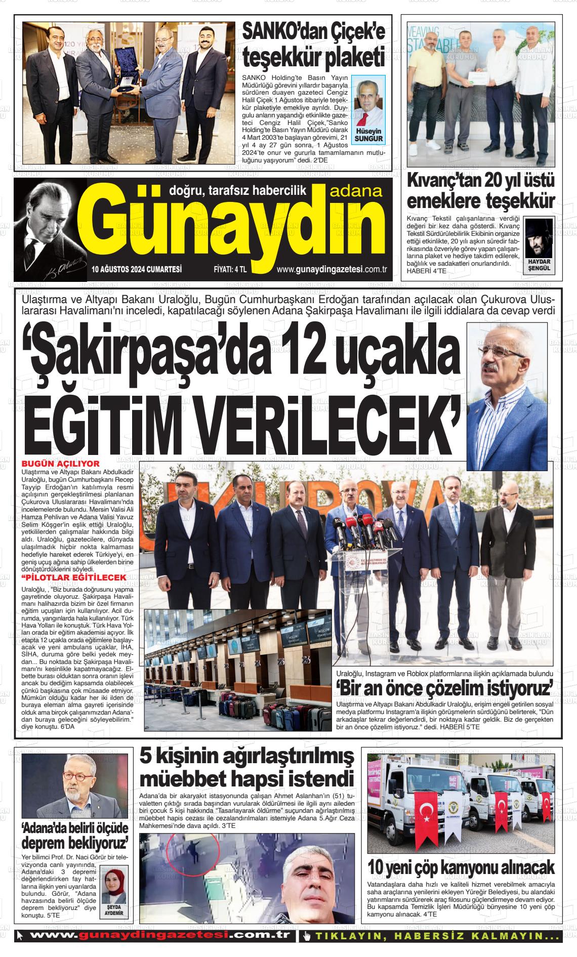 10 Ağustos 2024 Günaydın Adana Gazete Manşeti